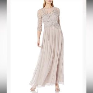 Adrianna Papell Beaded Tulle Maxi Dress in Light Taupe